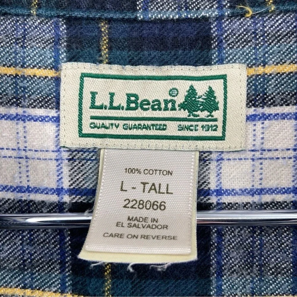 LL Bean Mens Flannel Shirt Large Tall Navy Green Plaid Cotton Button Down 228066